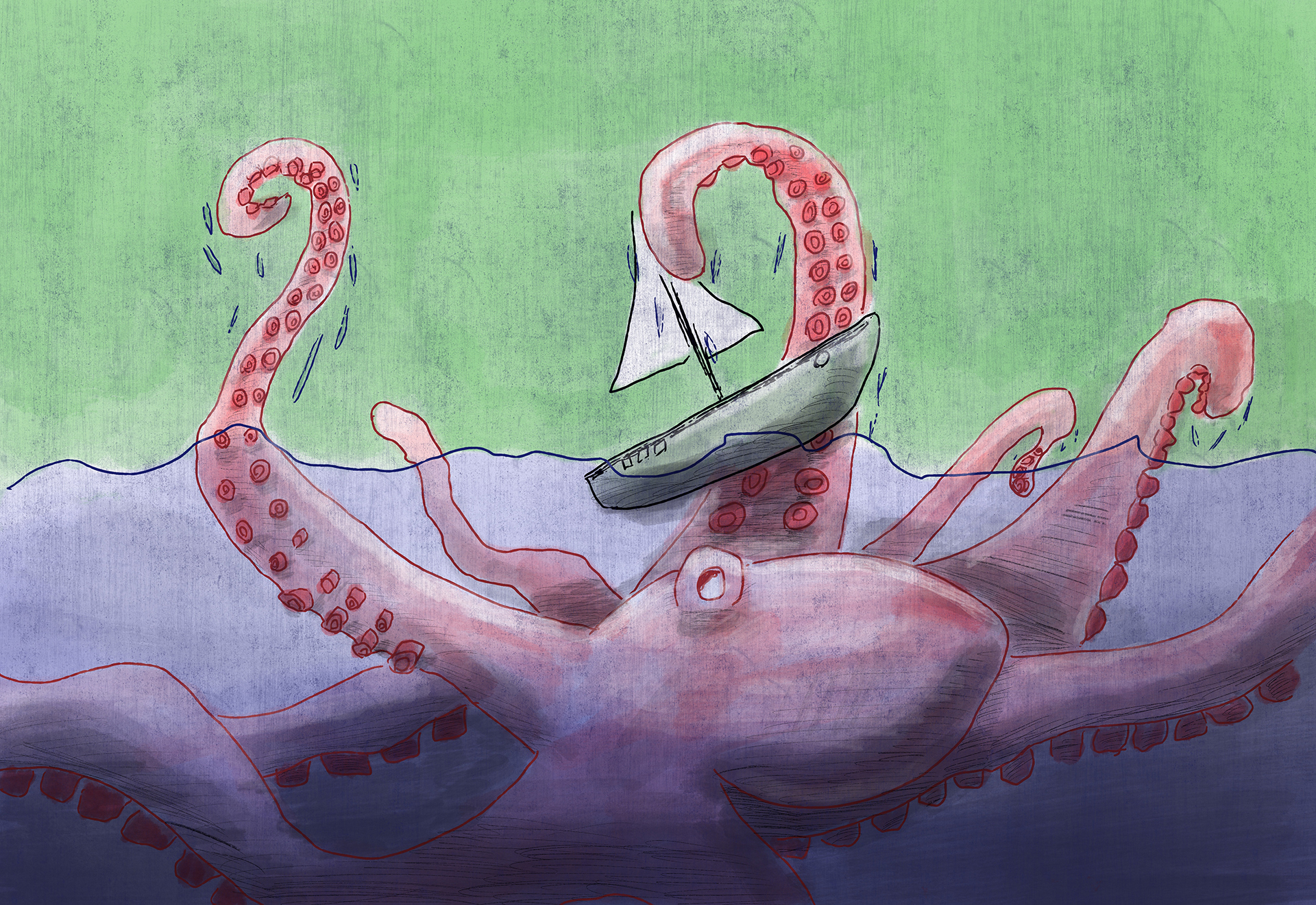 A drawing of an octopus with a sail boat