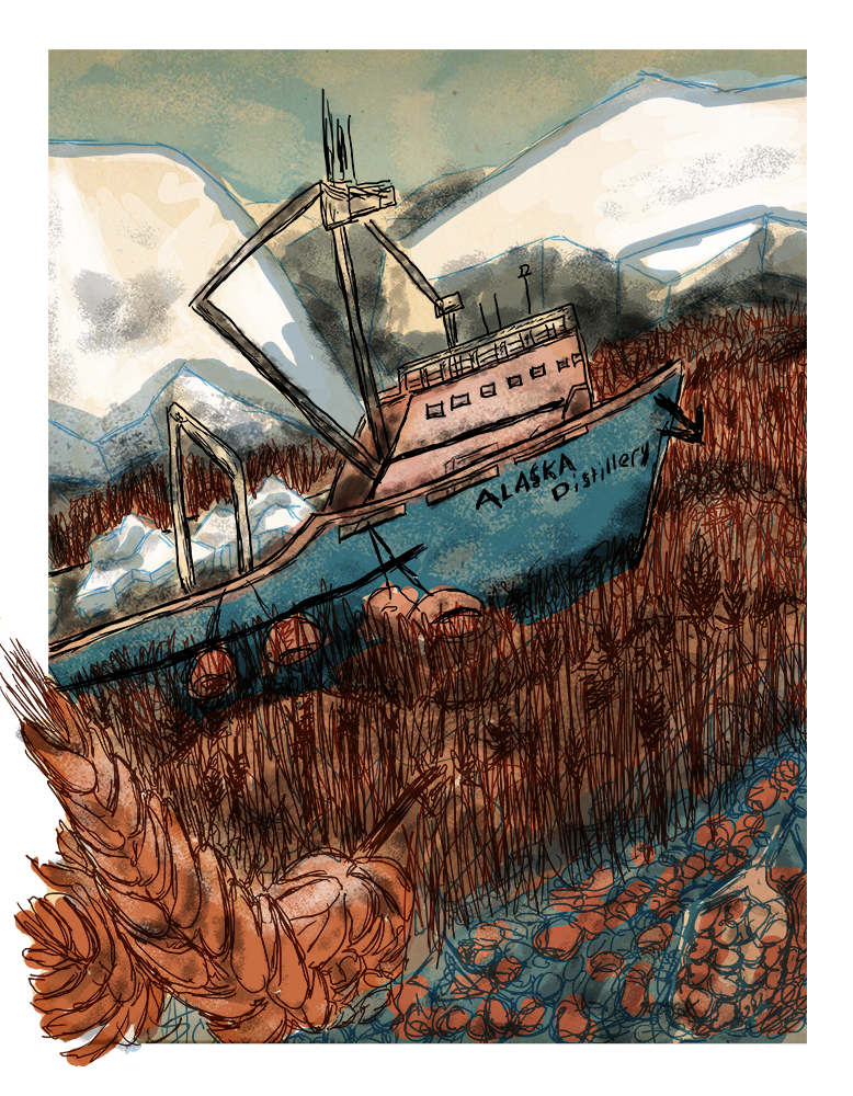 A boat in a field of grain with glaciers on the boat.